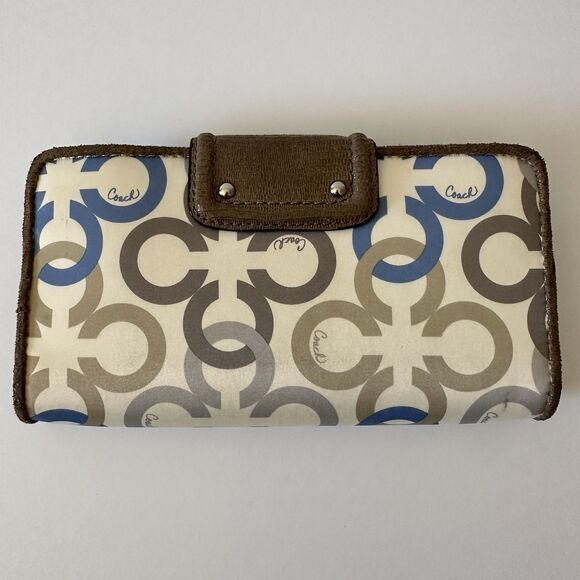 Coach Women's Madison Clover Op Art Wallet Blue Cream Brown Satin - Picture 5 of 15